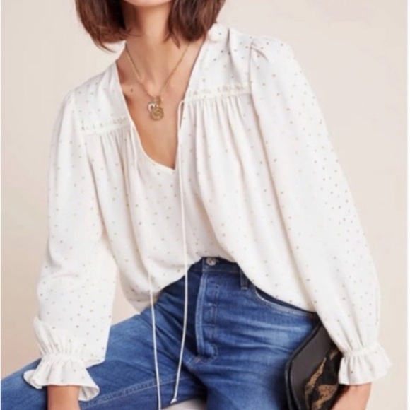 Anthropologie Tops - EUC Anthropologie Current Air Bristol Blouse Ivory Gold Boho Loose V-Neck Medium